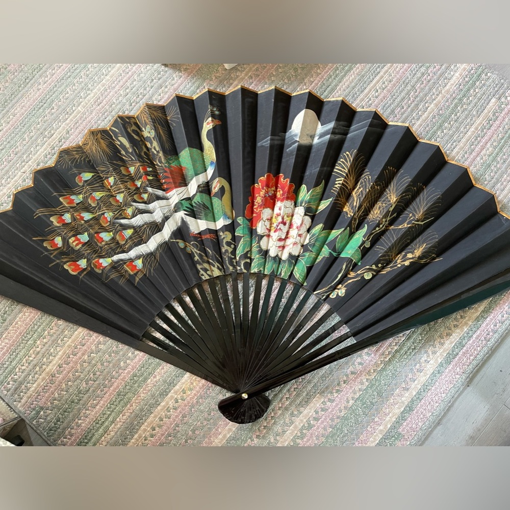 Vintage  peacock 35” Oriental Hand Painted Expandable Wall Fan